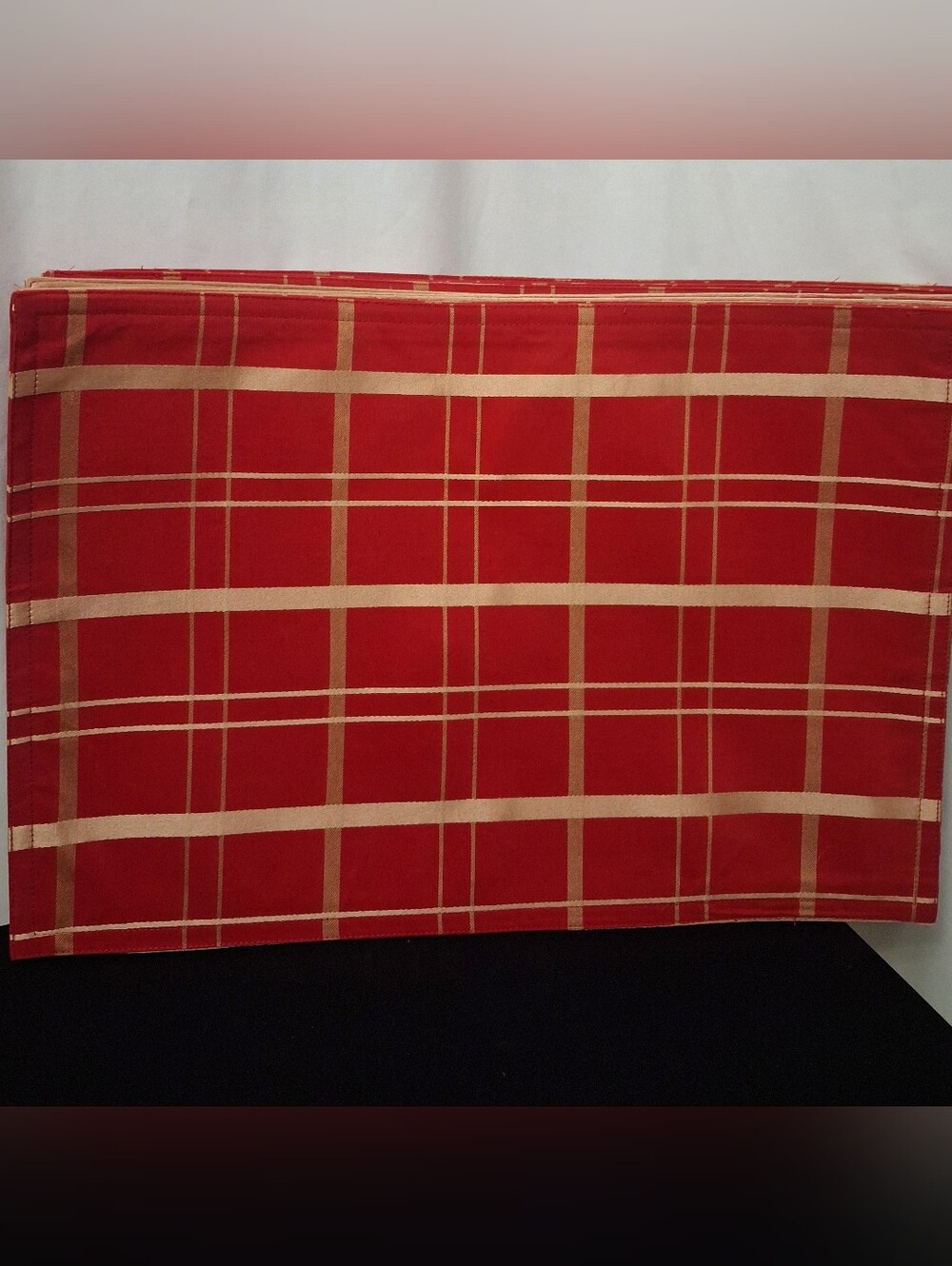 12 Red Plaid Table Placemats with Gold Stripes Excellent Condition 18.75" X 13"